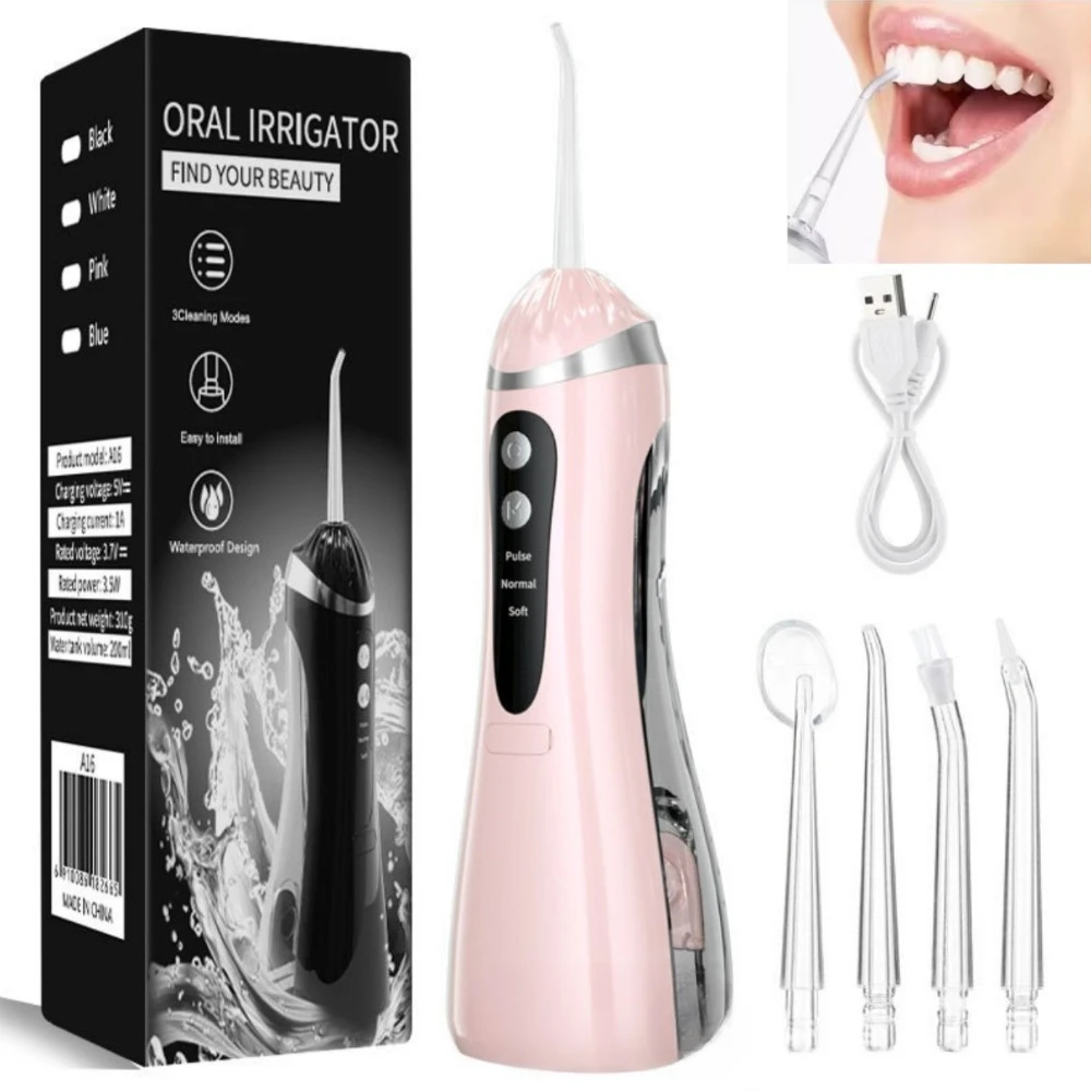 

Pink Oral Irrigator 3 Cleaning Modes Rechargeable Waterproof IP65 Dental Water Flosser Teeth Whitening Jet Floss 200ML Portable