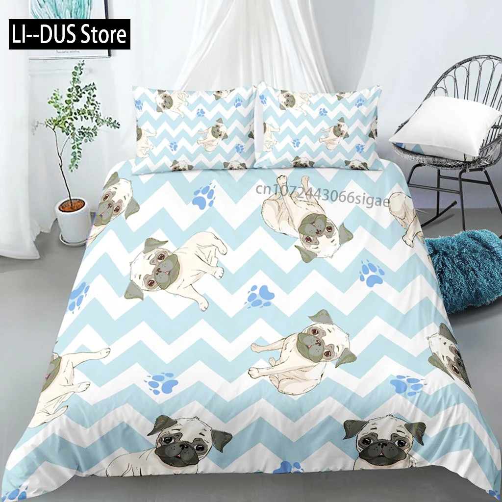 Cartoon Dog Bedding Sets Cute Pug Home Pet Duvet Cover With Pillow Case For Family Home Bedroom Decor Women Children Kids Teen