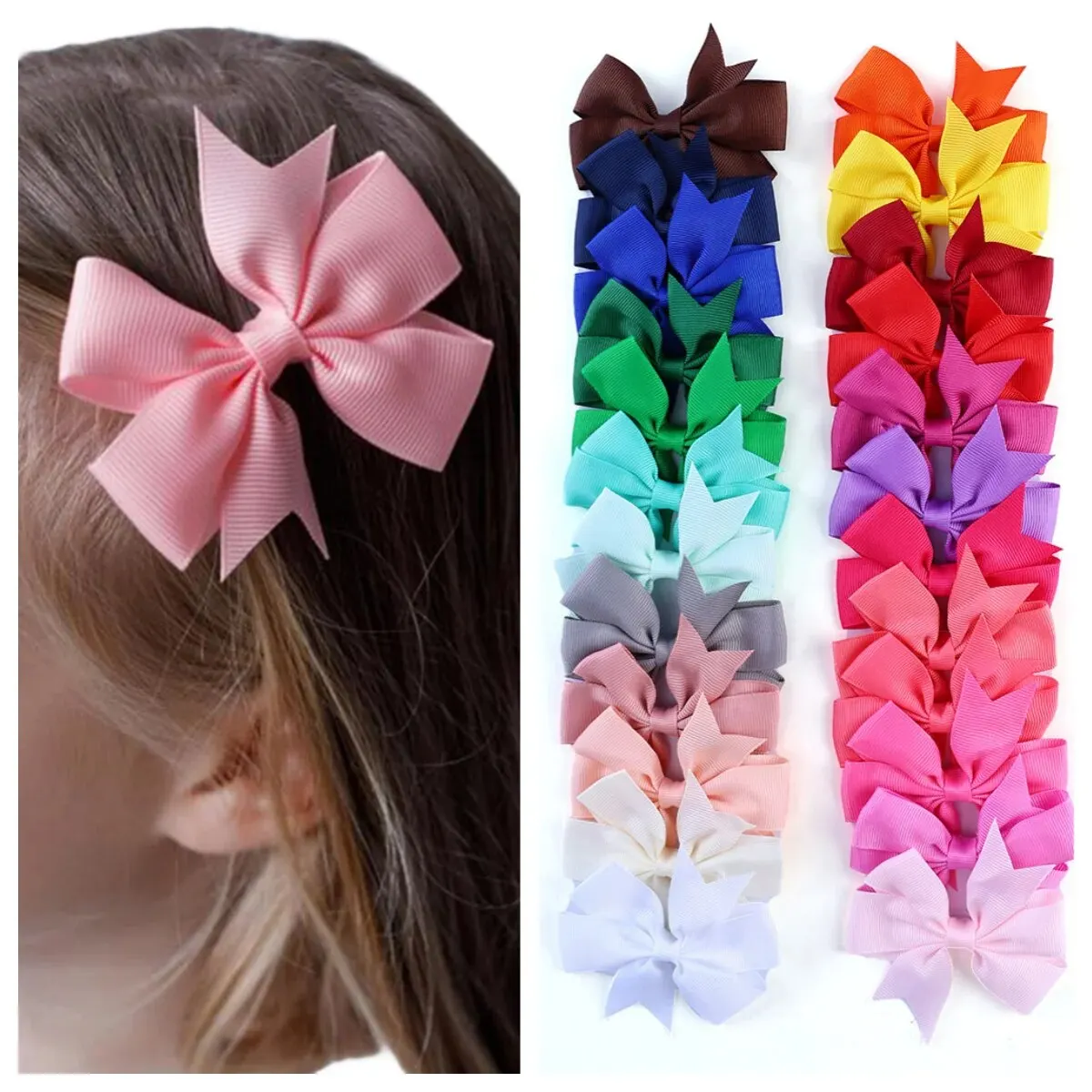 24pcs/Set Solid Grosgrain Ribbon Hair Clips for Girls Hair Bows Hairpins 3 To14 Age Children Handmade Hairgrips Hair Accessories