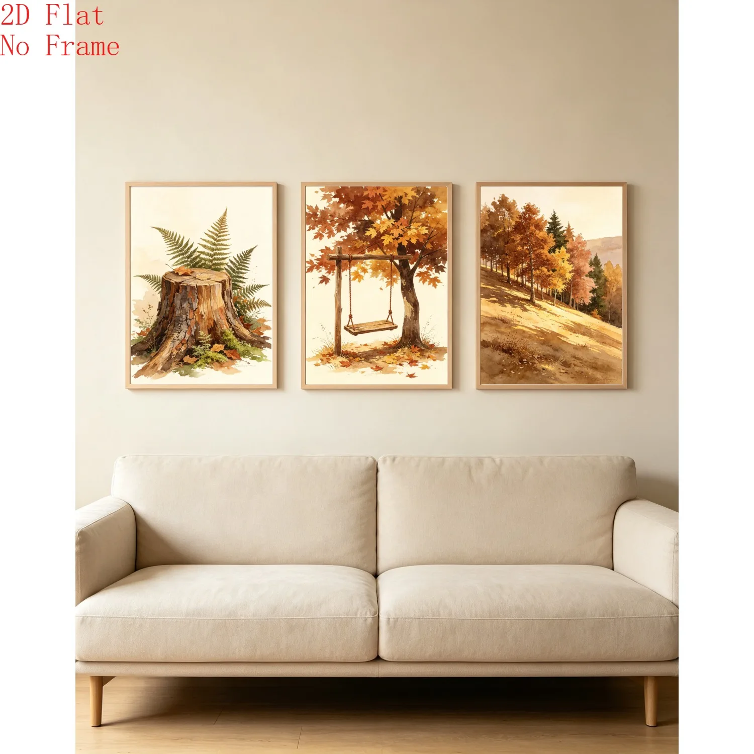 2D Flat, [2D Flat No Frame] Autumn Forest Canvas Wall Art Set, 3pcs Frameless Mossy Tree Stump, Hillside Autumn Trees, Maple