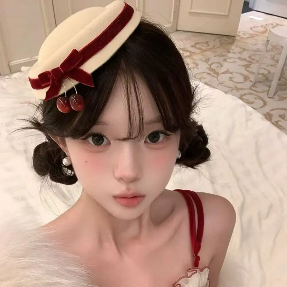 Cute Cloth Bow Tie Cherry Beanie Hat Black French Style Round Hat Hair Clip White Hair Accessories Dress Up