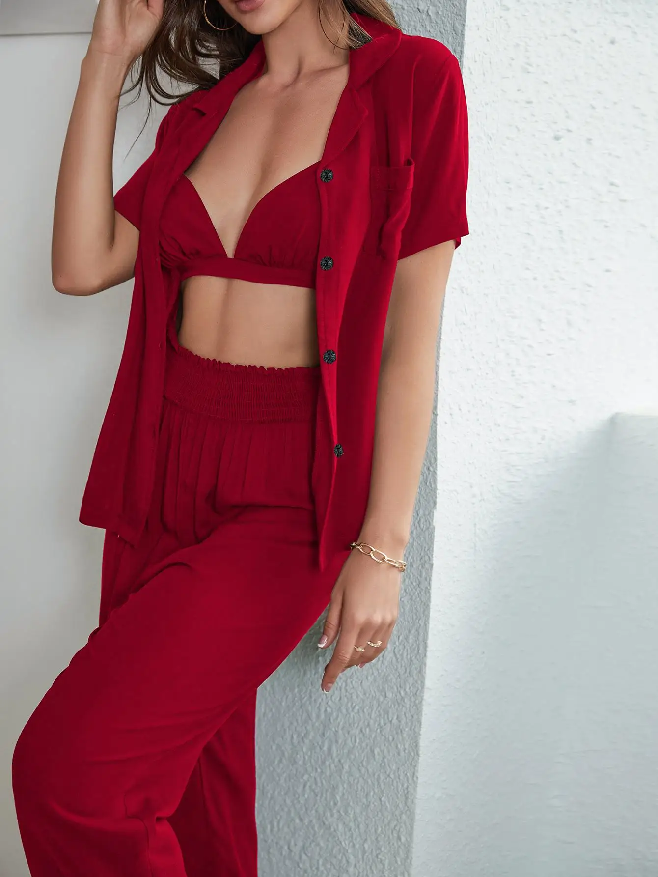 Summer Women\'s 3 Piece Sleepwear Short Sleeve Button Down Shirt And Pants Pajama Set With Sexy Bra Solid Red Notched Top&Trouser