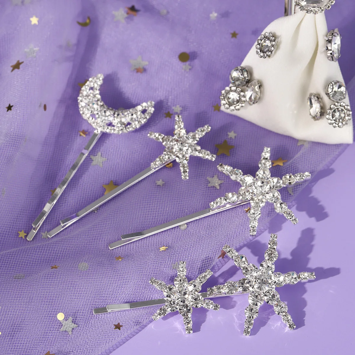 Sliver Fashion Star Ribbon Rhinestone Hair Clip Set Daily Hairpin Headpieces for Girls Holiday Party Hair Accessories Jewelry