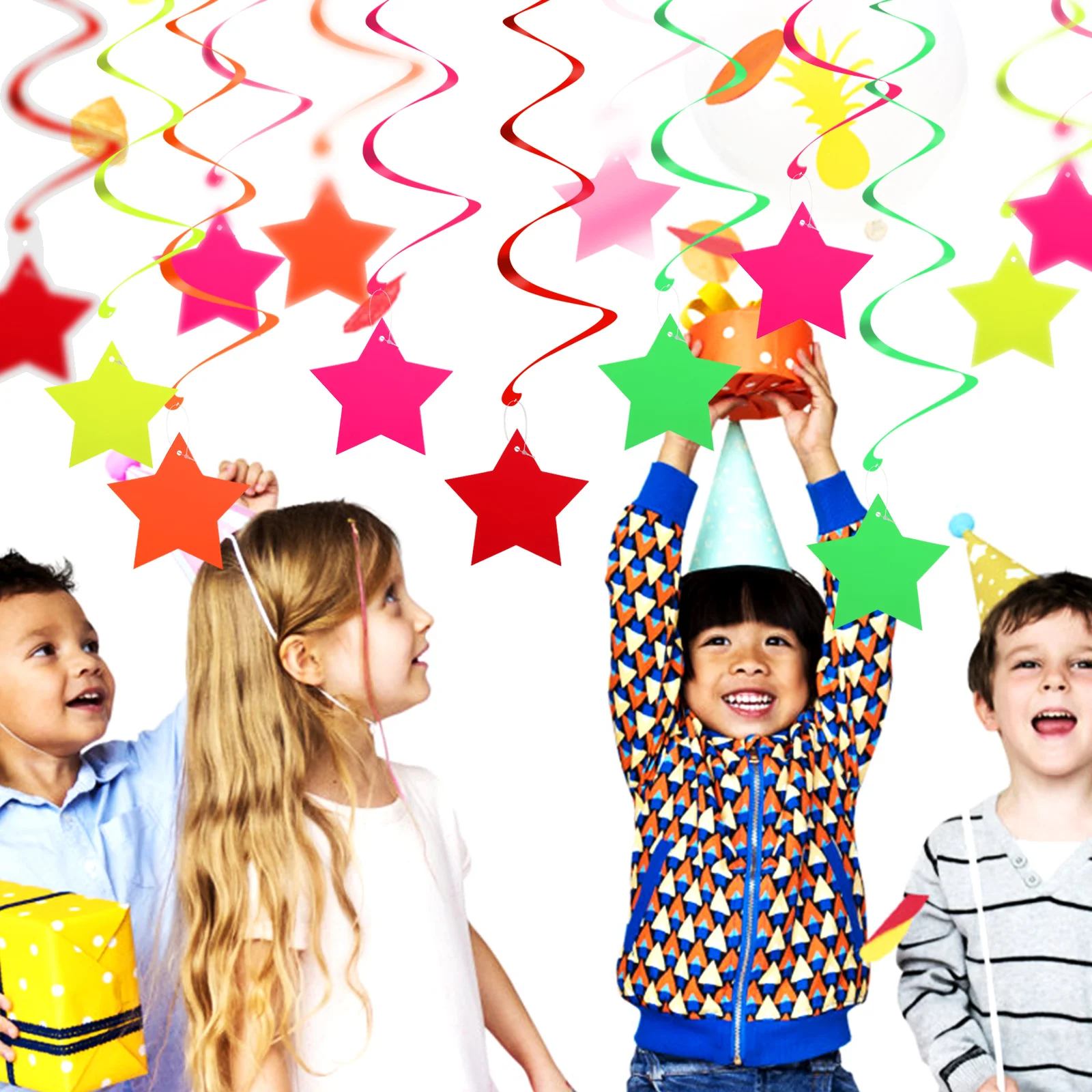 

1 set Birthday Streamers Neon Hanging Swirls Bright Party Decorations Ceiling Spiral Fluorescent Paper Swirls Decor For