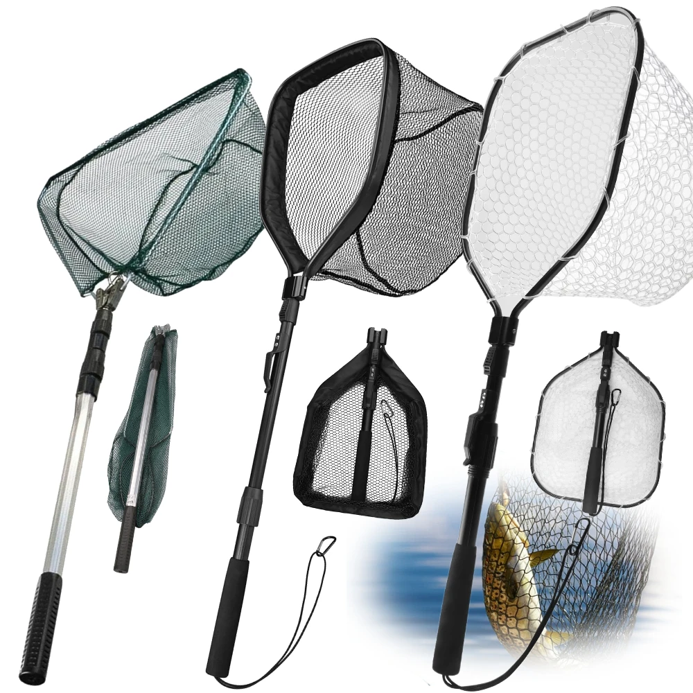 Filet d'atterrissage de pêche avec poteau télescopique, poignée antidérapante, pliable, pour eau salée et eau douce, filet à main