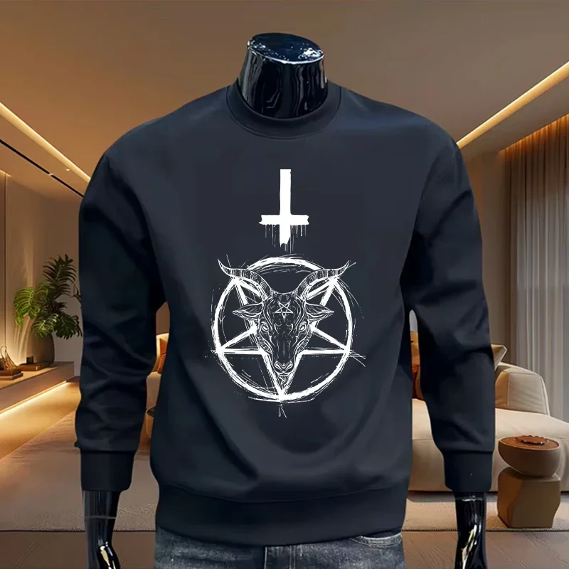 

Мужской домашний и уличный теплый пуловер с принтом Сатаны, городской повседневный модный лонгслив для весны и осени, уличная одежда