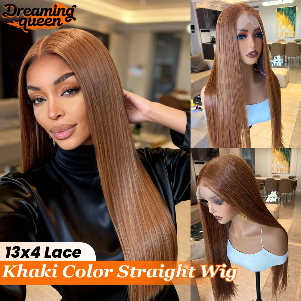 

13x4 Lace Frontal Khaki Color Straight Wig For Black Women 180% Density Synthetic Wig With Natural Hairline Dreaming Queen Hair