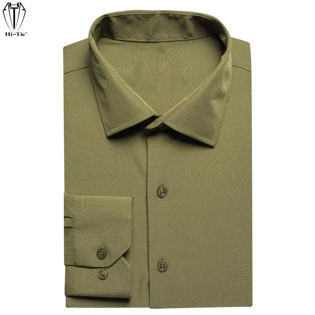 

Hi-Tie Solid Avocado Tan Silk Mens Shirts Lapel Long Sleeve Suit Social Shirt Soft Breathable Elegant Male Blouse Wedding Office