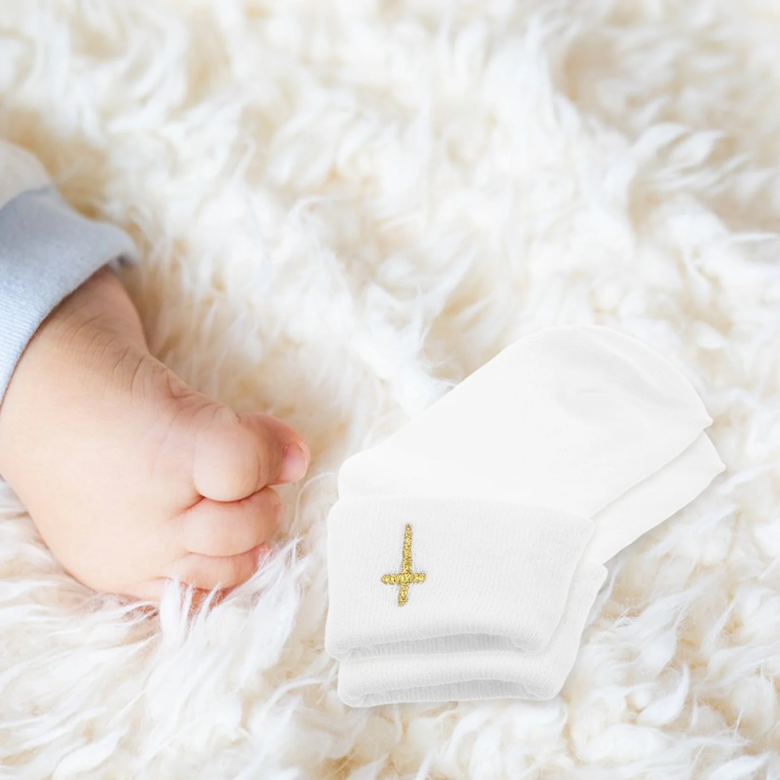 

1 Pair Baby Turn Cuff Socks Infant Baptism Socks Soft Cotton Baby Blessing Booties Anti Slip For 0-1 Year Old Baby Safe Walking