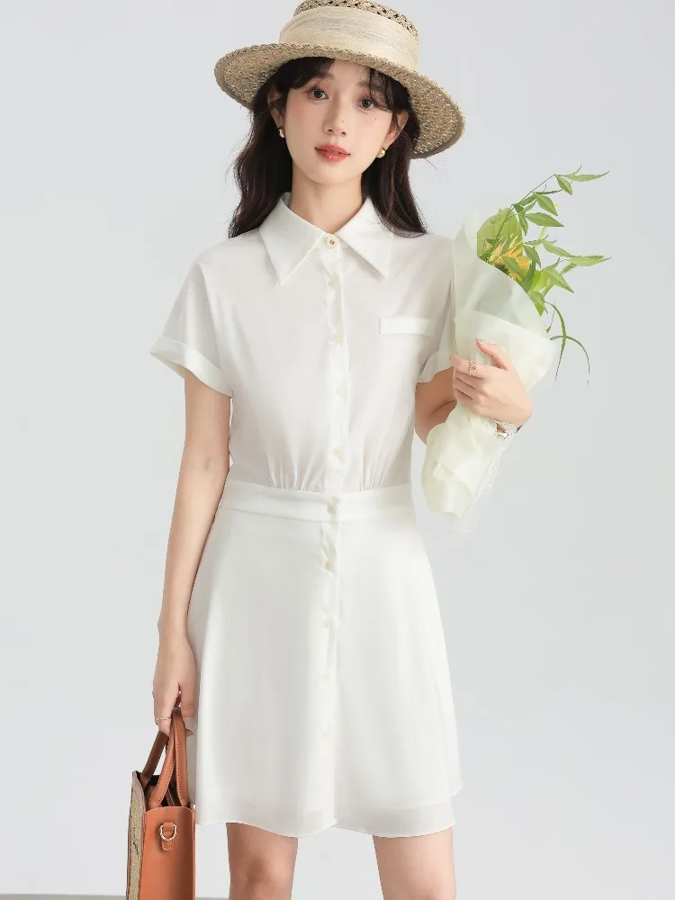 Elegant College Style Dress Short Sleeve Button Down Mini Lapel A Line  Outfit Petite Women Slim Waist Summer Casual Fashion 2025