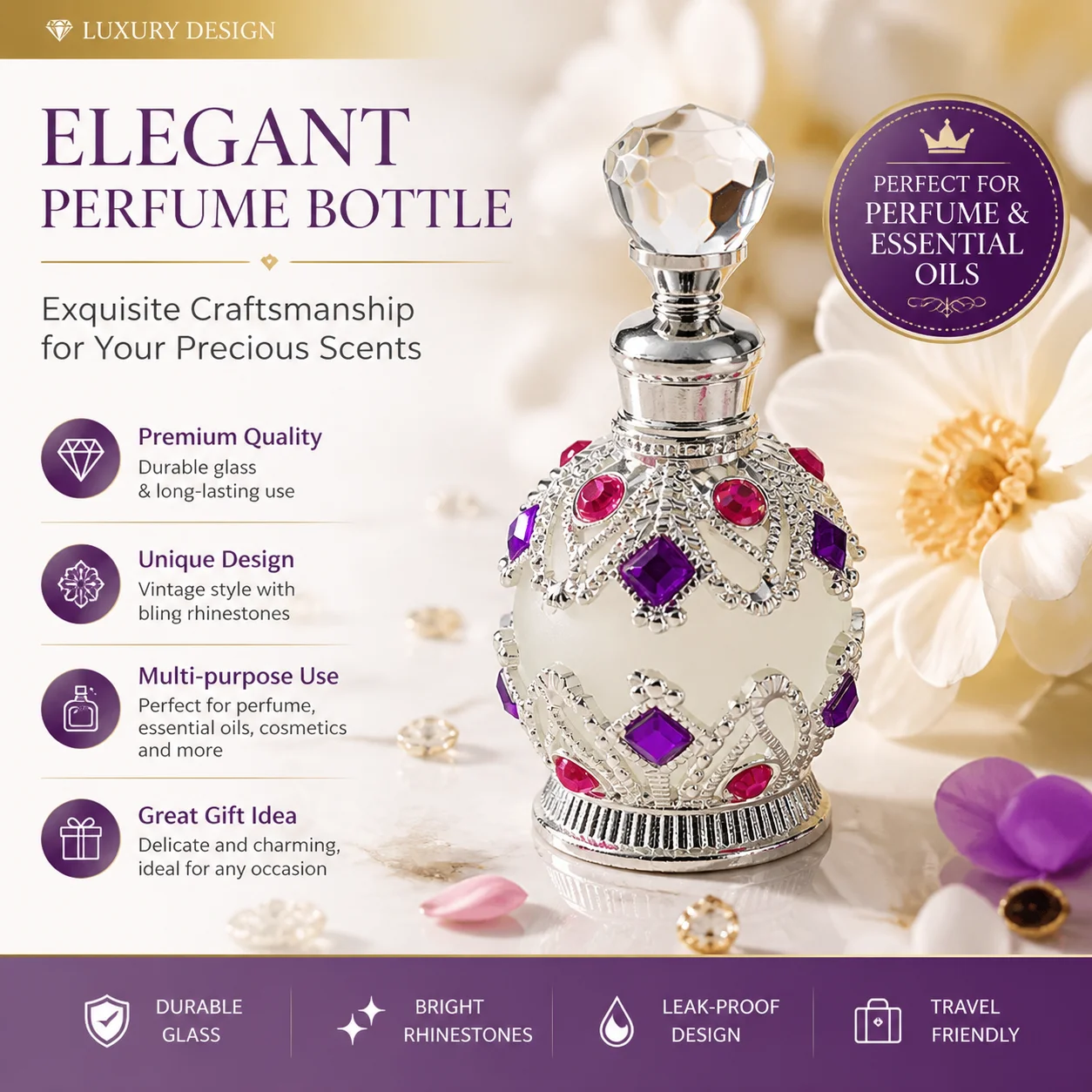 0.51oz Middle East Vintage Diamond Inlaid Perfume Bottle. Essential Oil Distribution Bottle. Perfume Packaging Accessories