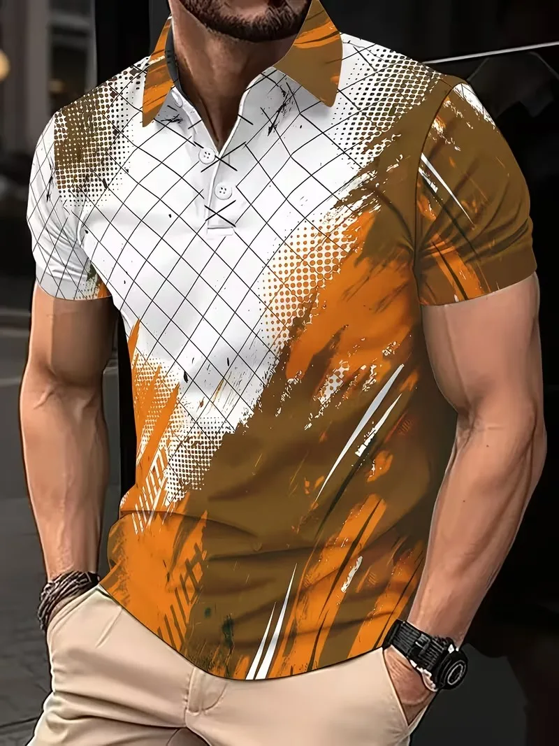New men's geometric grid 3D printing design lapel polo shirt fashionable and comfortable round neck outdoor golf men's clothing