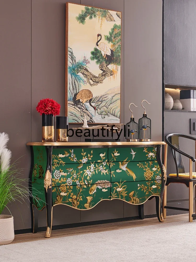 

ss C2024 new French retro olive emerald painted Chinese solid wood home decoration porch cabinet