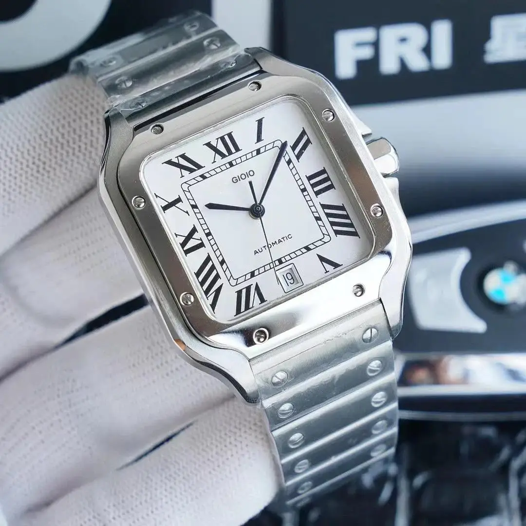 남성용 고급 오토매틱 무브먼트 시계, 기계식 시계, 사각 904L 스테인리스 스틸, 실버 골드 화이트 로마 다이얼, 스포츠