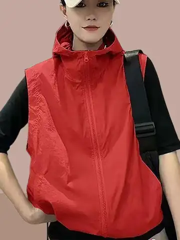 레드 여성 여름 새로운 느슨한 맞는 경량 후드 조끼 태양 보호 의류 지퍼 클로저 솔리드 컬러 패션 겉옷