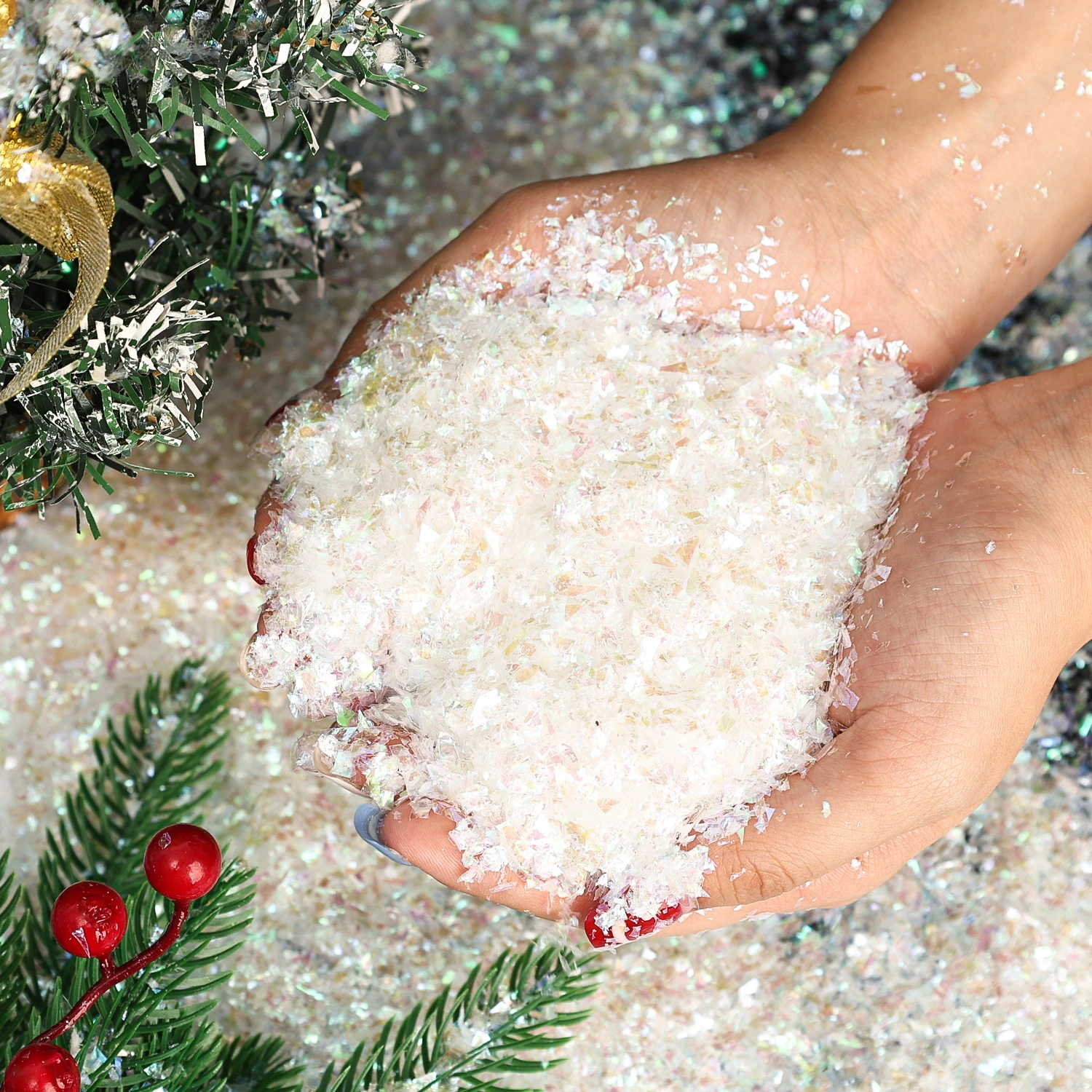 مسحوق الثلج الاصطناعي لعيد الميلاد باللون الأبيض الملون رقاقات الثلج المزيفة مسحوق الثلج لشجرة عيد الميلاد مشهد الشتاء ديكور المنزل #4