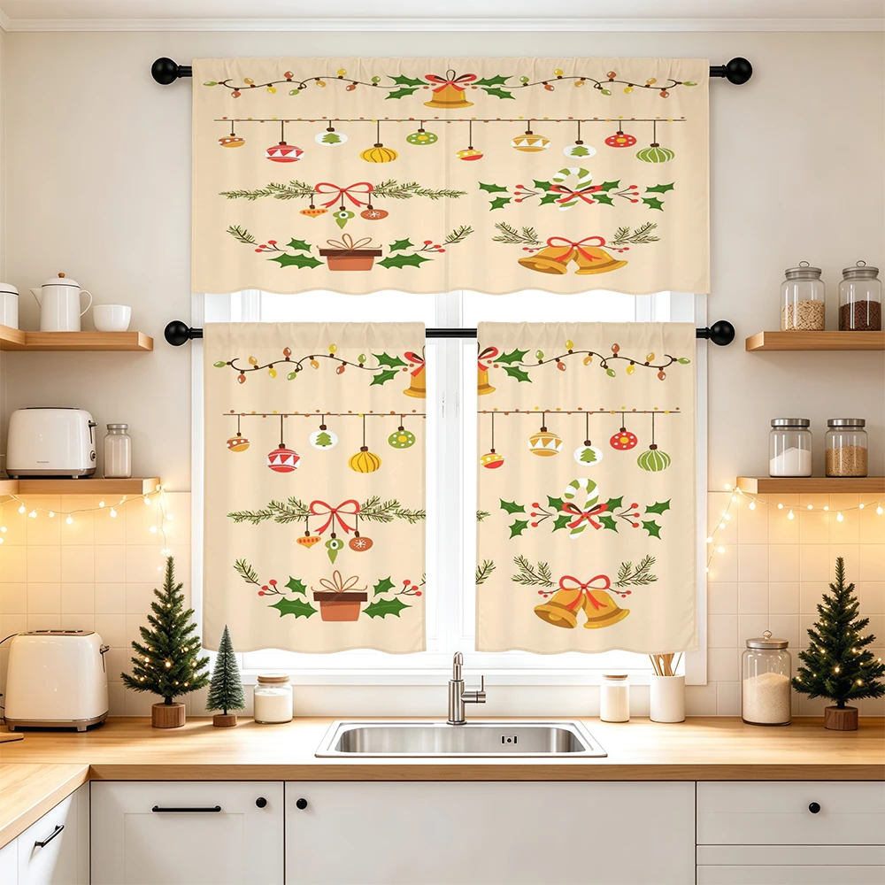 Christmas Kitchen Curtains, String Light Ornament Bell, Digital Print, Kitchen Dining Room, Rod Pocket Polyester, Home Decor