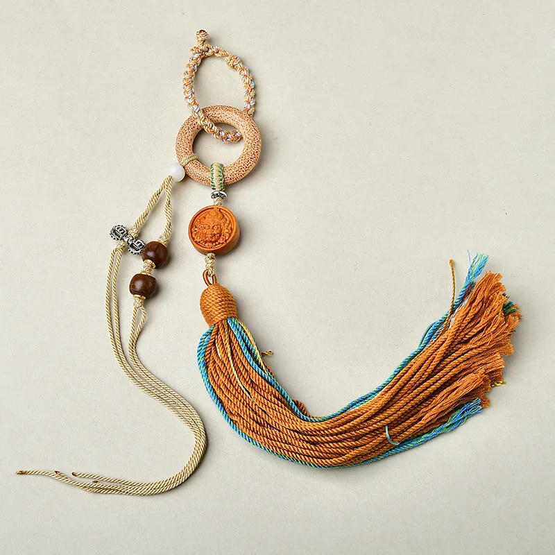 Tibetische Quaste mit Kupfermünzen und Perlen, Vajra-Stößel-Anhänger, gewebtes Lanyard, DIY-Schlüsselanhänger, Handyriemen, Taschen- und Auto-Hängeaccessoire – Detail 4