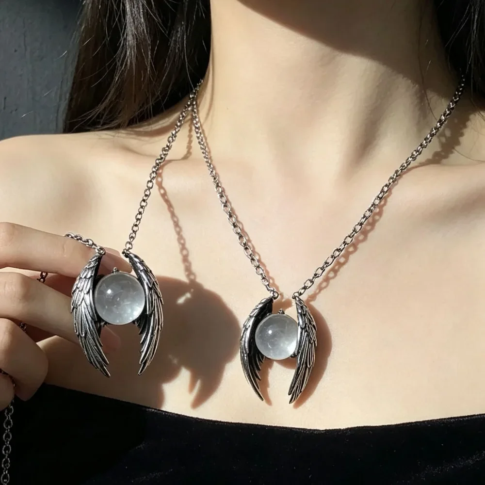 Retro Ghost Wing Crystal Aged Pendant Necklace,Unique Personalized Vintage Necklace,Daily Party Jewelry Accessory Gift for Women