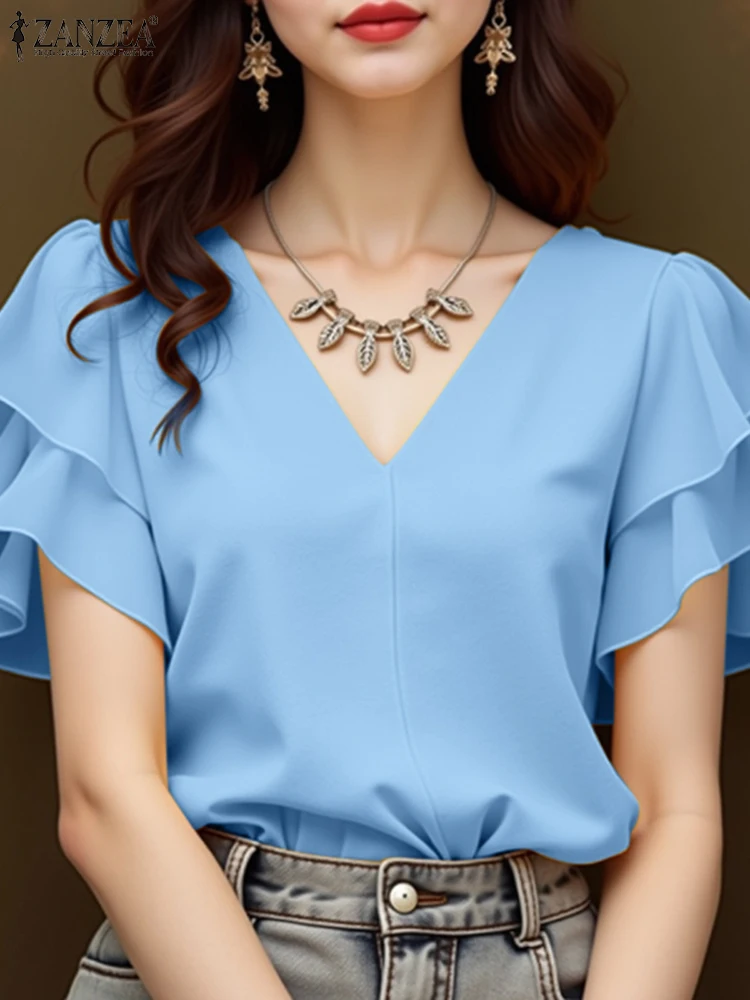 

2025 ZANZEA Summer Elegant Office Work Shirts Fashion Women Tunic Blouse Short Ruffled Sleeve Tops Solid V Neck Holiday Blusas