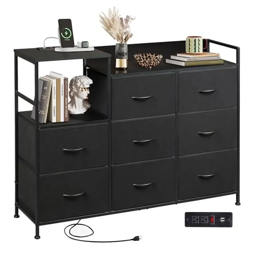 Charging TV Stand Dresser 8 Drawers Fabric Wood Bedroom Storage Organizer