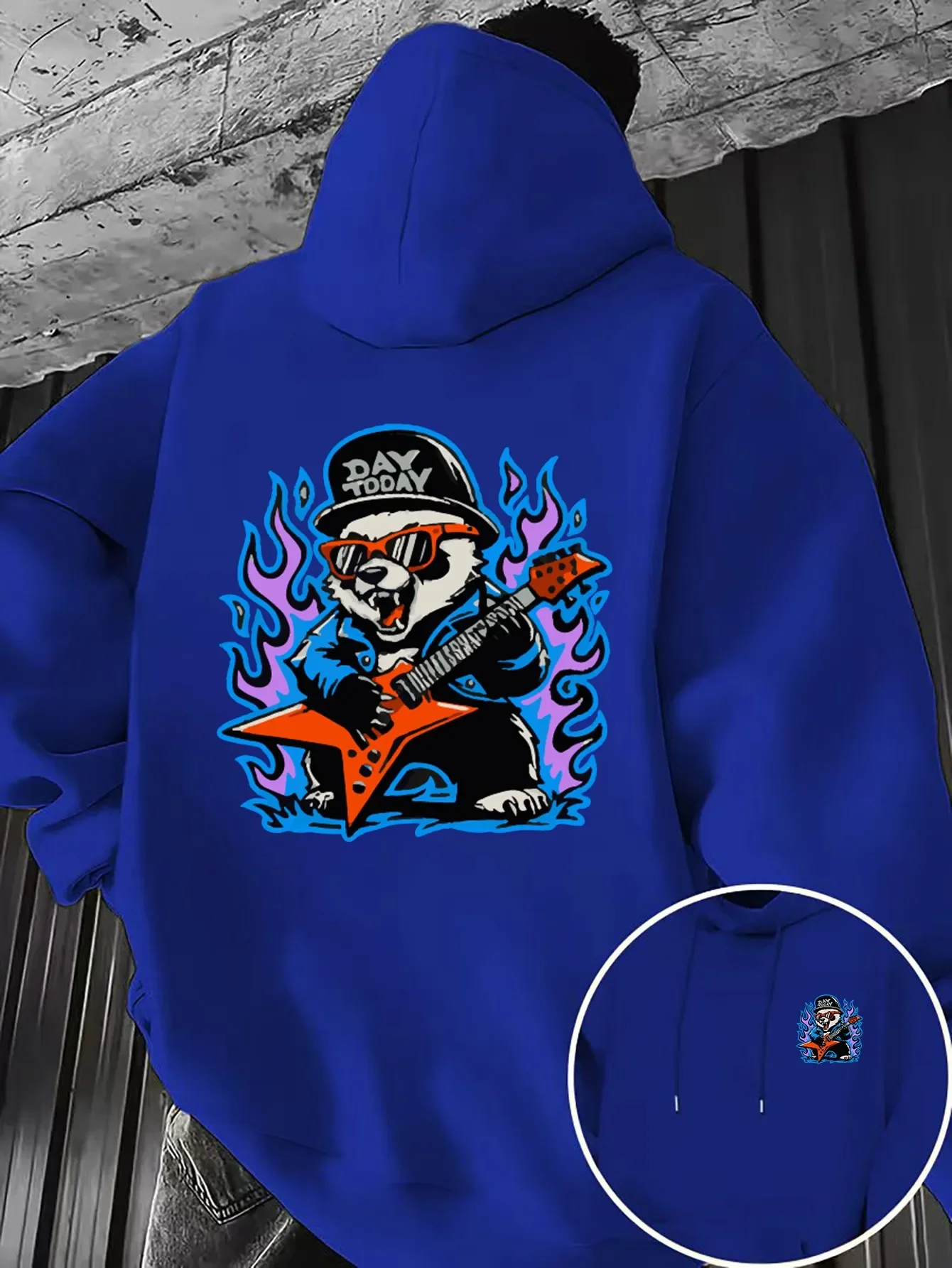 Rock Panda Playing Electric Guitar Flame Graphic Hoodie Men Women Vintage Streetwear Pullover Hooded Sweatshirt Loose Fit
