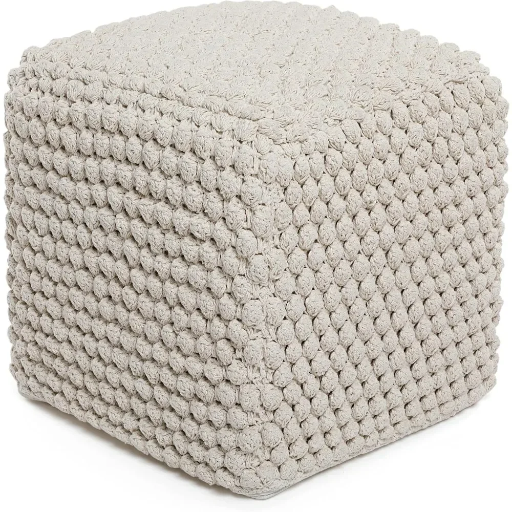 Buds Pouf Ottoman Cotton Braided Foot Stool Round Ottoman Bedroom and Living Room Poof Natural Boho Ottoman Pouf