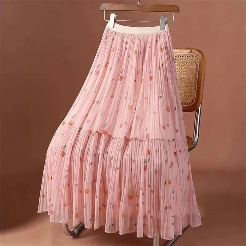 Ladies New Medium Length Mesh A-line Pleated Skirt Spring Women Fashion High Waist Printing Maxi Skirt Femme Floral Long Skirts