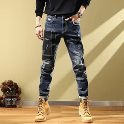 2023 primavera y otoño nueva tendencia de moda clásica pantalones vaqueros elásticos de pierna recta para hombres comodidad Casual pantalones de pie pequeño de alta calidad