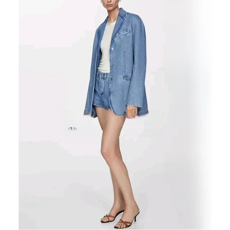 

Spring New Lazy Sle Retro Denim Collar Long Sve Suit Jaet Women's Commute Faion Casual Long Sve Coat
