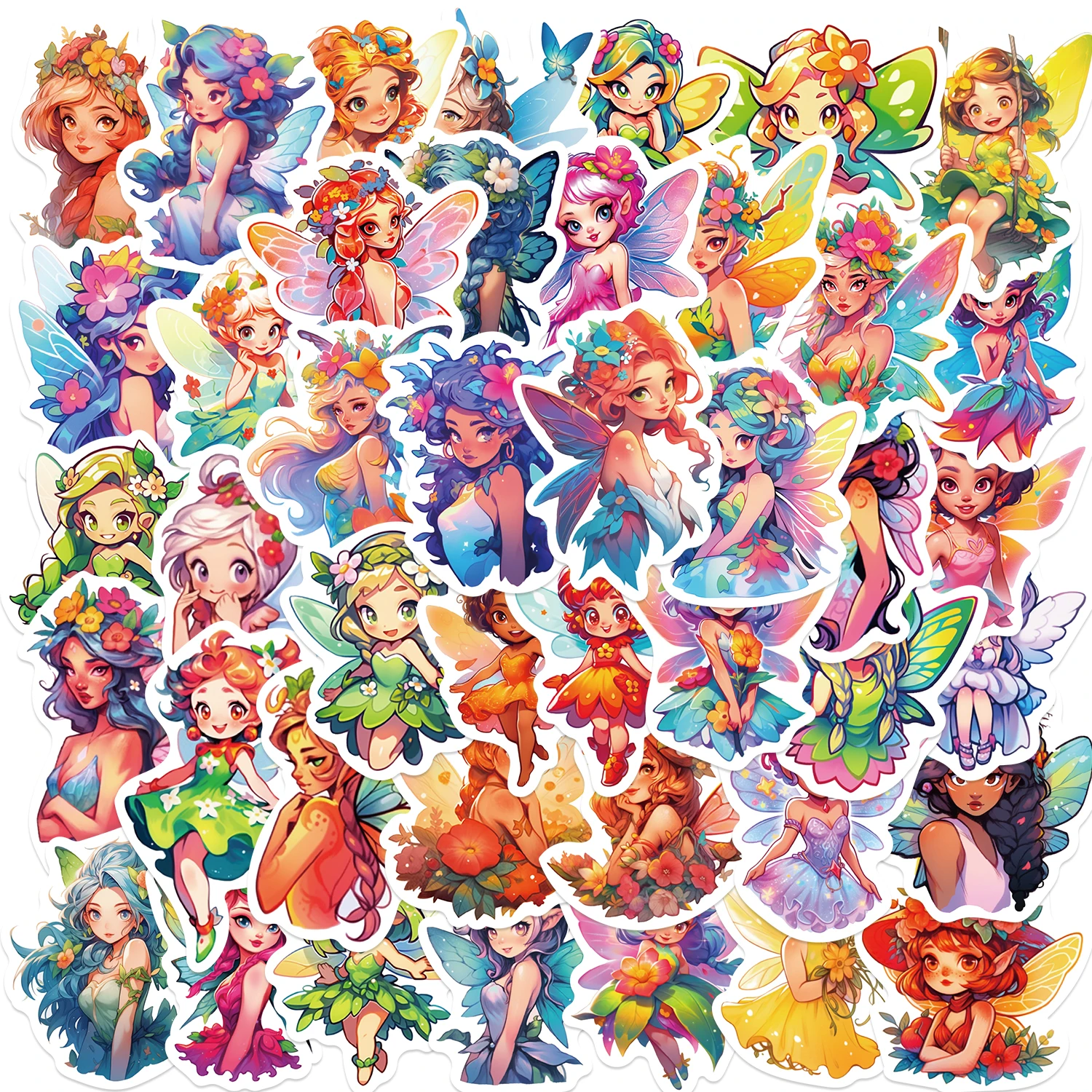 50pcs Cute Cartoon Flower Fairy Stickers For Laptop Water Bottle Luggage Notebook Phone Waterproof Graffiti Vinyl Decals