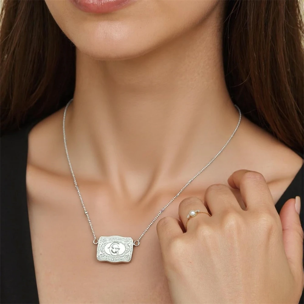 Trendy Initial Letter Pendant Necklace Personalized Embossed Belt Buckle Necklaces Gift for Women y2k Accessories