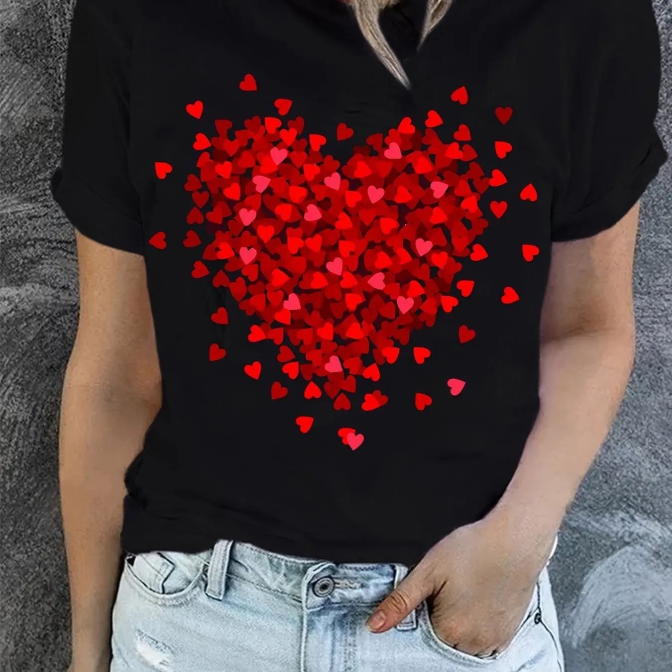T-shirt met hartprint voor Valentijnsdagcadeaus, T-shirt met korte mouwen en ronde hals, casual tops voor elke dag, dameskleding