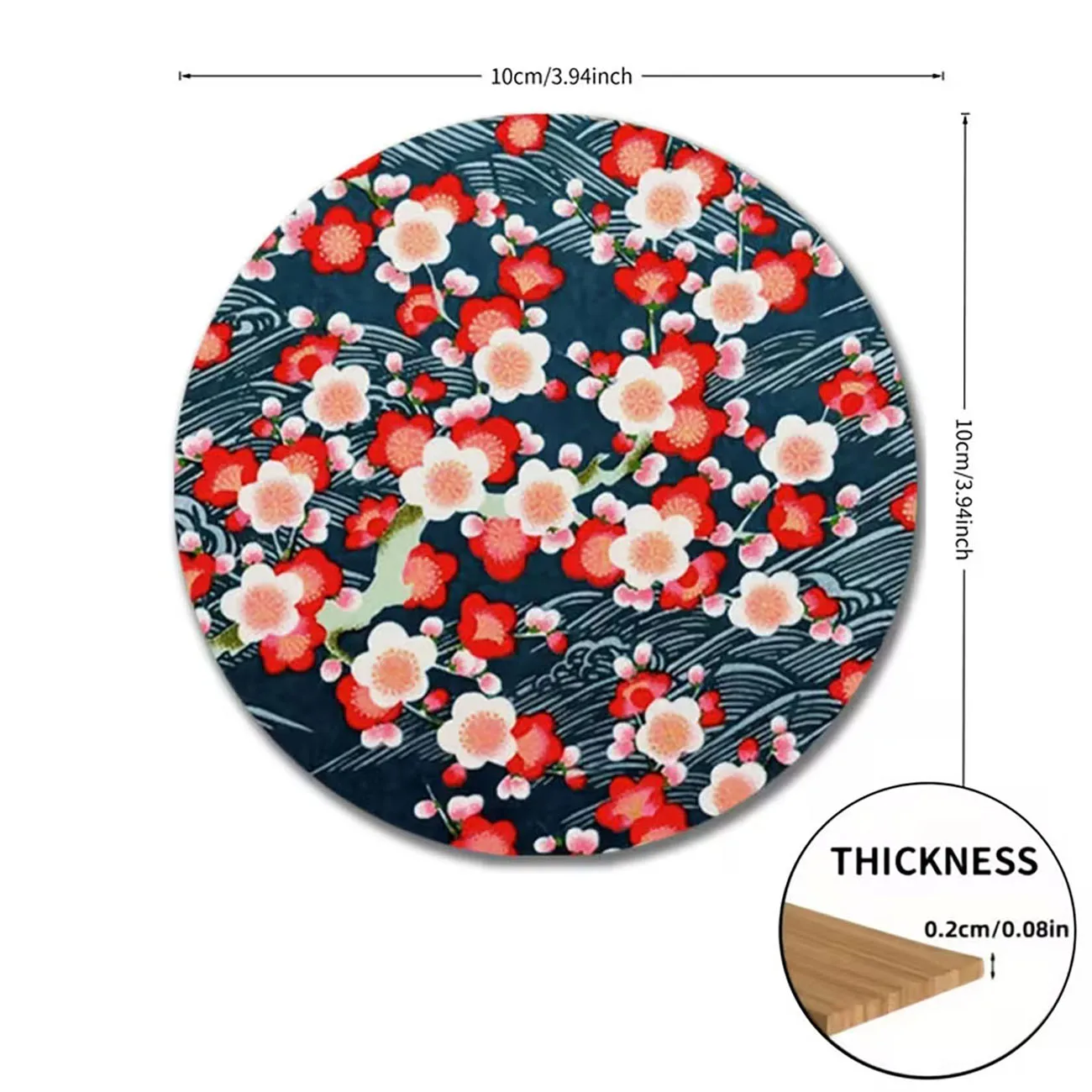 6Pcs Wooden Round Heat Insulation Drink Coasters Japanese Sakura Wave Pattern Tabletop Decor Housewarming Gift