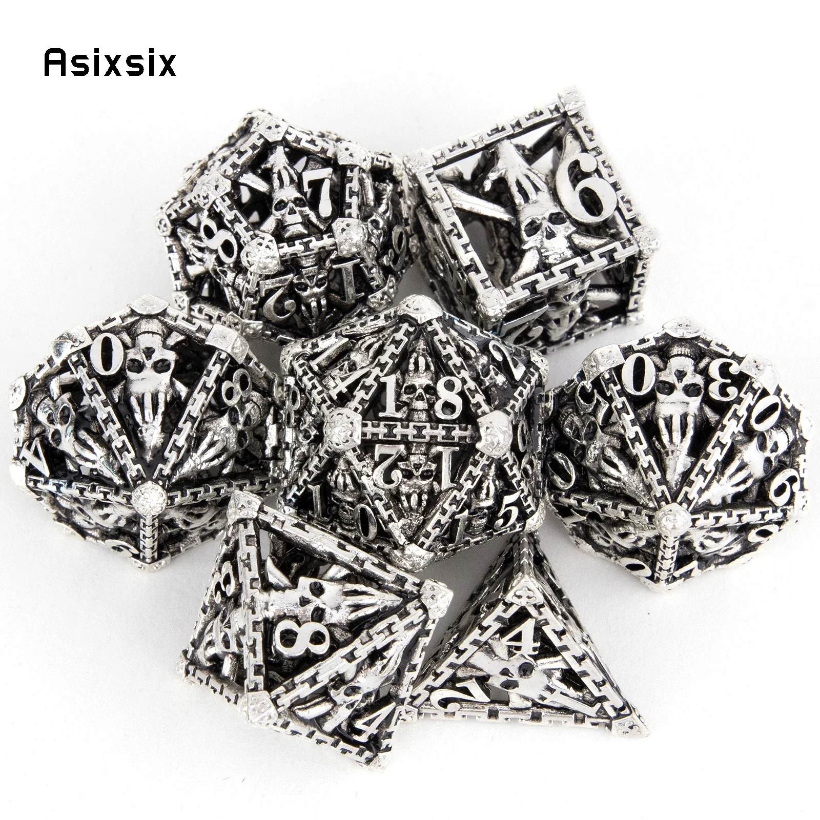 

7 Pcs Silver Hand Skull Head Metal Dice Hollow Metal Polyhedral Dice Set Suitable for Role-Playing RPG Board Game Gift