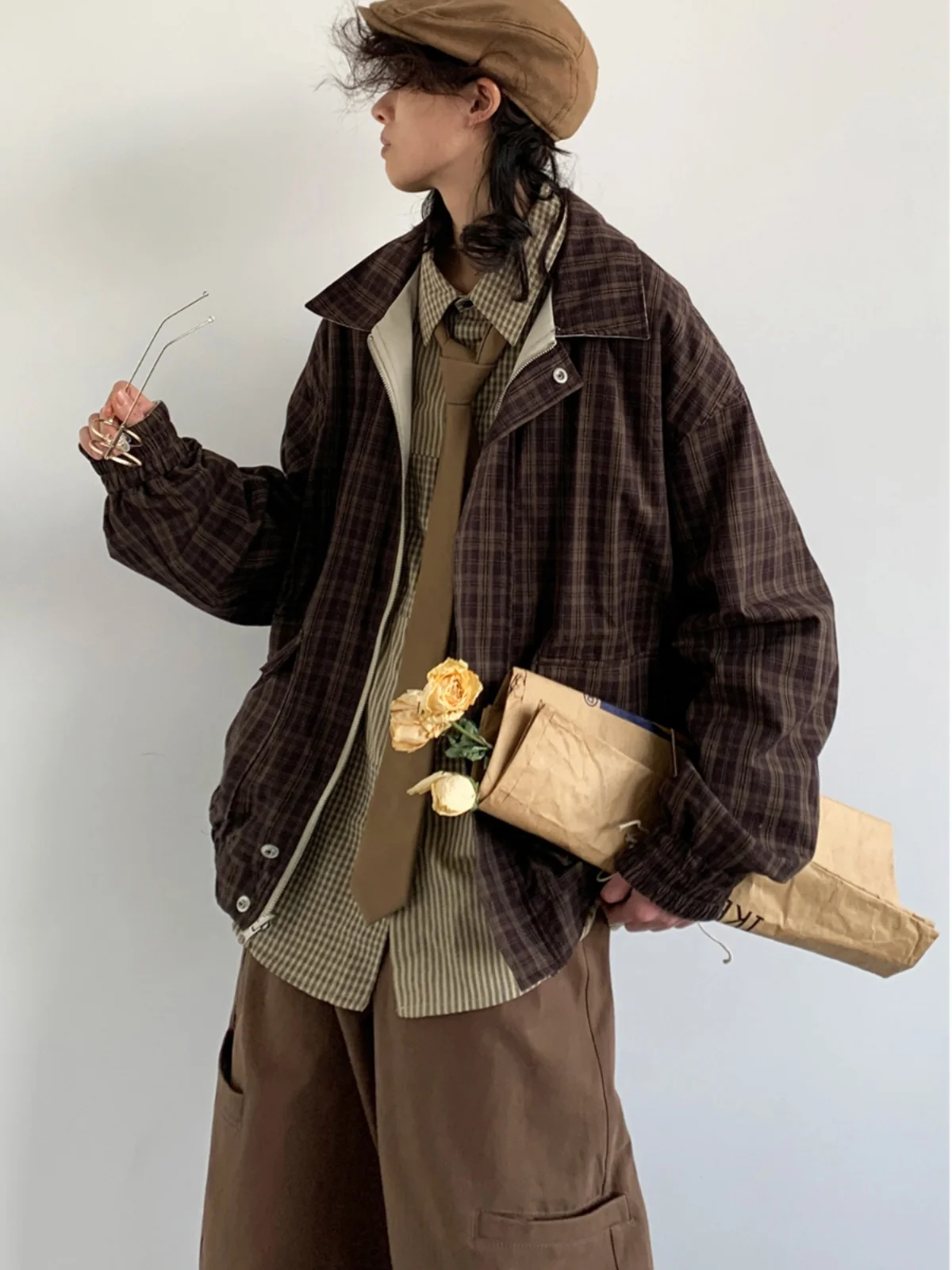 

Retro Japanese Plaid Jaet Men's Casual Long Sve Turn-down Collar Loose Fit Spring Autumn ex College Sle Coat