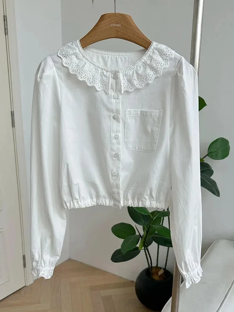 

Cute Slim Cropped White Shirt Women Sweet Long Sleeve Lace Patchwork Blouse Vintage Preppy Style Peter Pan Collar Kawaii Tops