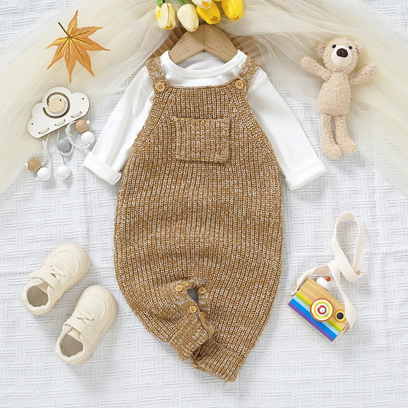 Baby Girl Knitted Sleeveless Jumpsuits Fashion Solid Brown One Piece Newborn Infant Boy Playsuits Overalls 0-18m Toddler Clothes