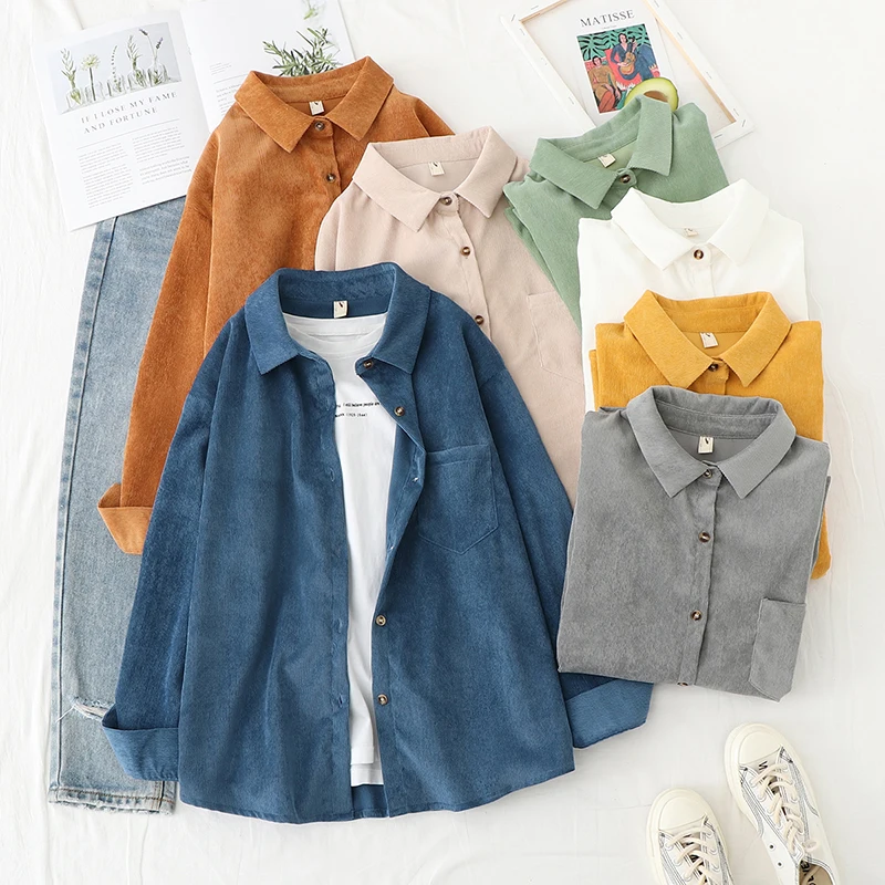 Fresh Corduroy Women Shirts 2024 New Ladies Loose Casual Long Sleeve Shirt Solid Color Blouses Tops Office Fine Female Clothes