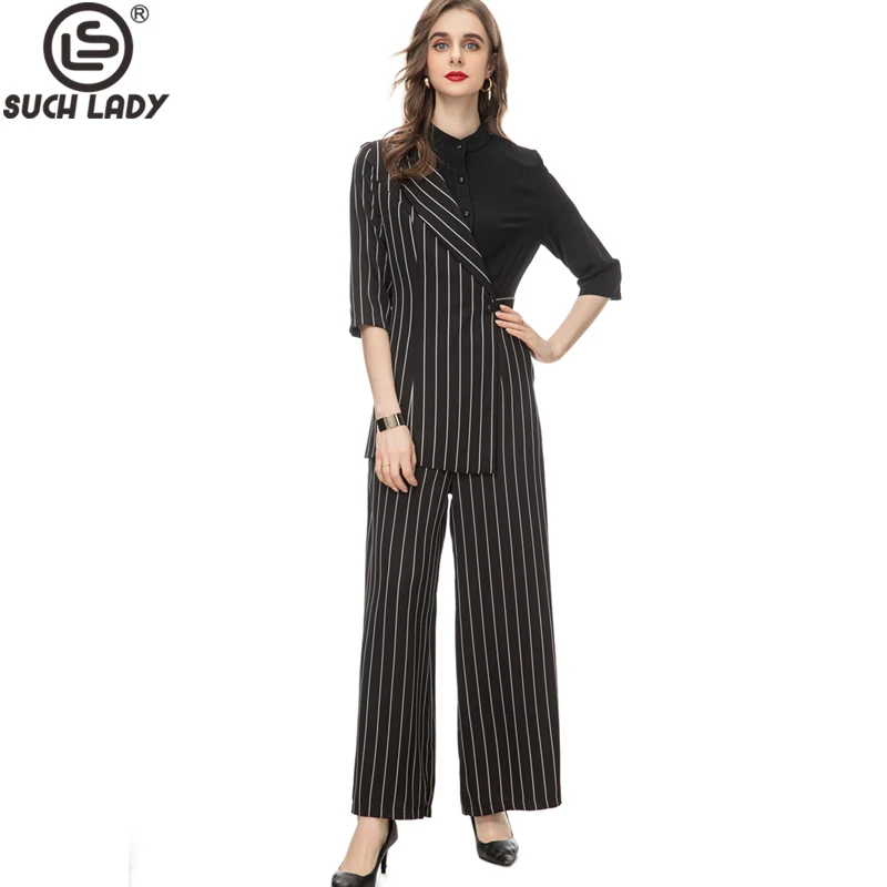 Women's Runway Jumpsuits& Rompers Stand Collar Lace Long Sleeves Asymmetrical Striped Patchwork Elegant Maxi wide Pants