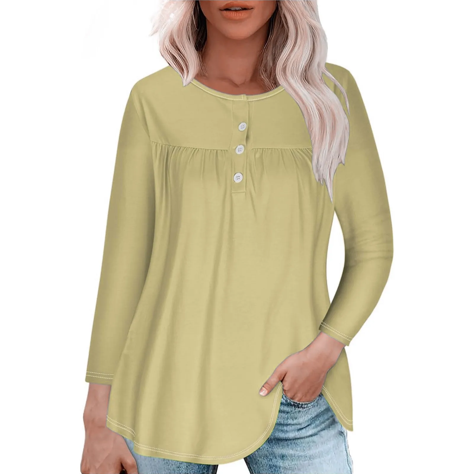 Spring Long Sleeve Blouses For Women O-neck Button Down Casual Solid Color Loose Fit Tunic Pullover Top Basics Lightweight Tee