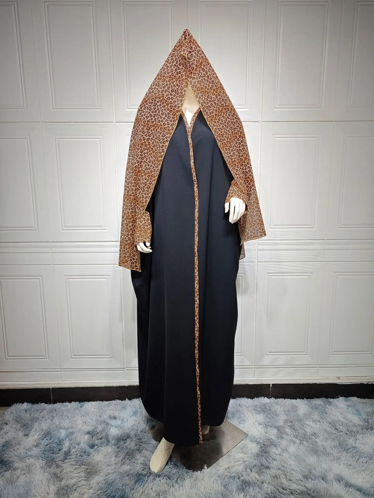 Vestido feminino com estampa de leopardo, abaya para Eid, cardigã com lenço na cabeça, moda muçulmana, novo, Ins