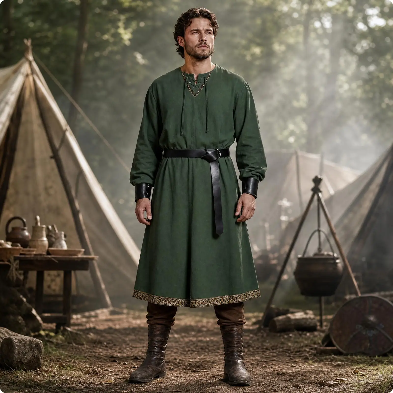 Conjunto de fantasia medieval viking para homens, com túnica longa verde, faixa para a cintura e protetores de pulso, ideal para cosplay.
