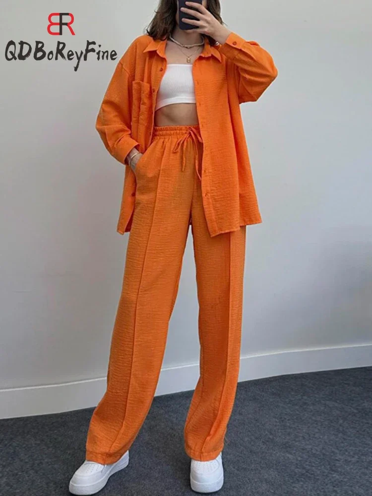 New In Women's Tracksuit Spring Fall Casual Oversized Shirts and Wide Leg High Waist Pants 2 Piece Sets Women Outfits Elegant