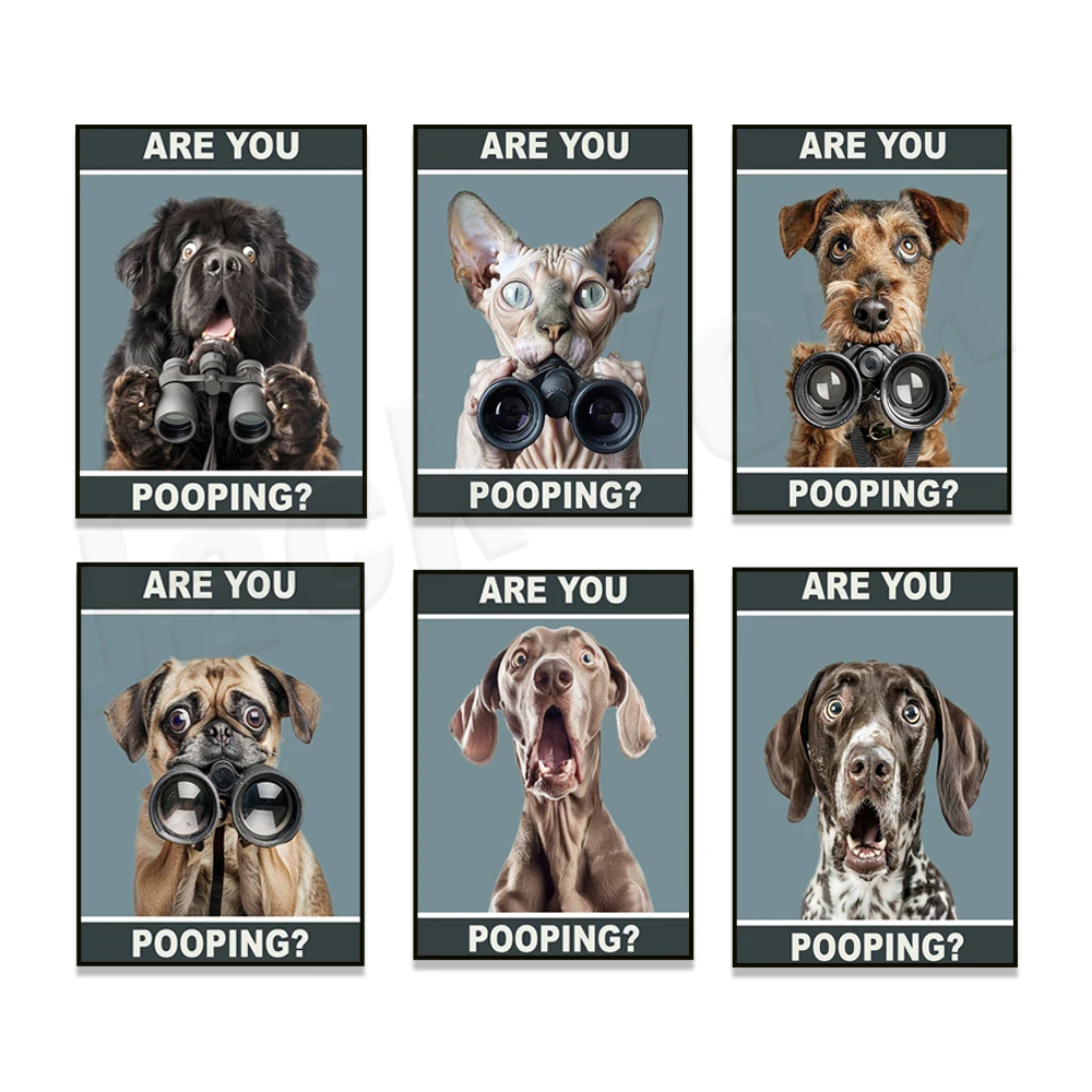 Weimaraner, Irish Wolfhound, Gato Sphynx, Rhodesian Ridgeback, Airedale Terrier, ¿Estás defecando? Póster de animales para decoración del baño