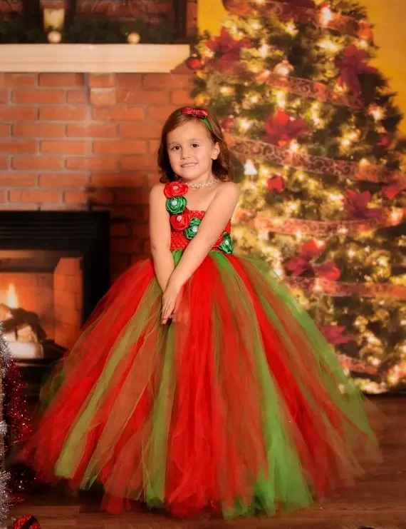 POSH DREAM Flower Red and Green Christmas Children Tutu Dress for Evening Party Flower Rhinestone Couture Kids Girls Tutu Dress