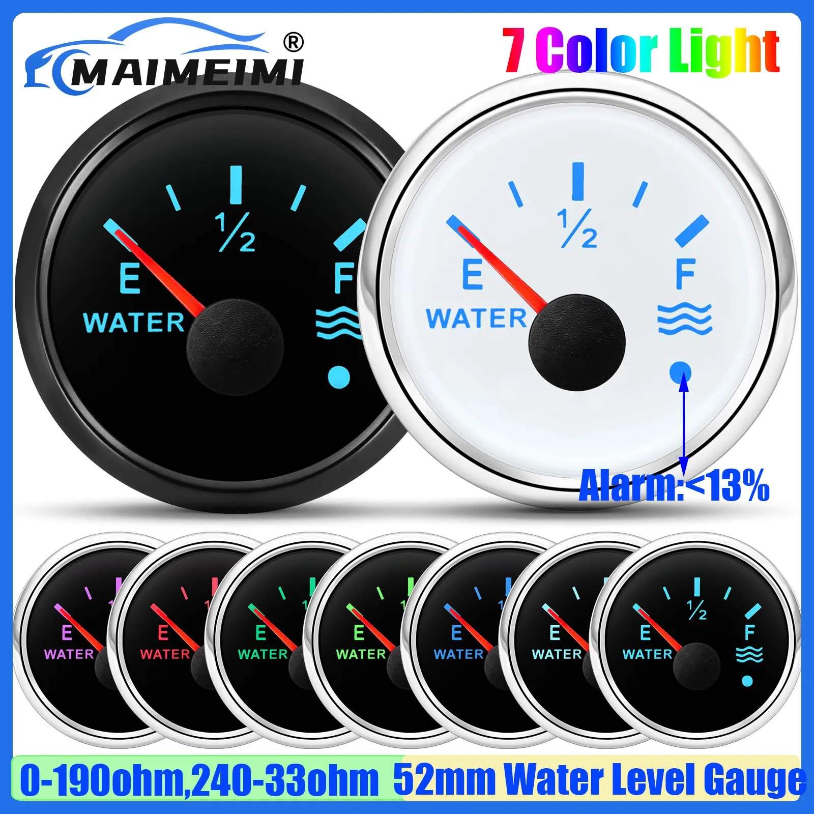 7 색 백라이트 2 "52mm 수위 게이지 알람 0-190ohm,240-33ohm 가솔린 디젤 자동차 보트 용 물 탱크 미터 표시기