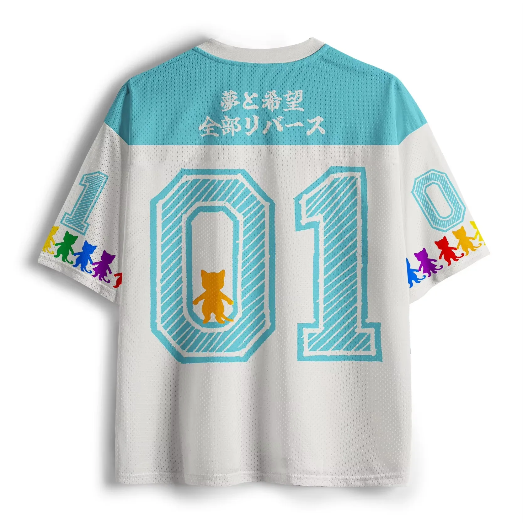 Fun Black Cat Spitting Rainbow Japanese Fun Printed Mesh V-neck Top Neutral Fashion Cool Loose Casual Quick Drying Top