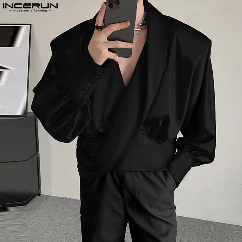 

INCERUN Tops 2024 Korean Style Fashion Men Sexy Shoulder Pad Design Shirts Casual Clubwear Male Solid V-neck Long Sleeved Blouse