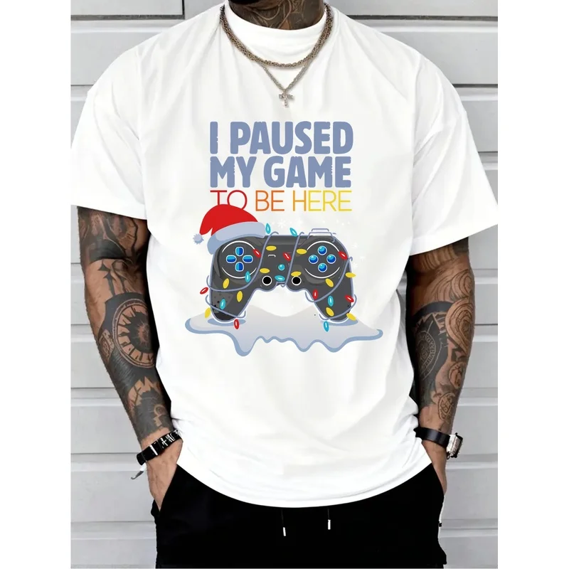 Men's High-quality T-shirt, Fun 'Paused Game Printed T-shirt, Men's Short Sleeve T-shirt, Regular Casual Daily Men's Top, Men's